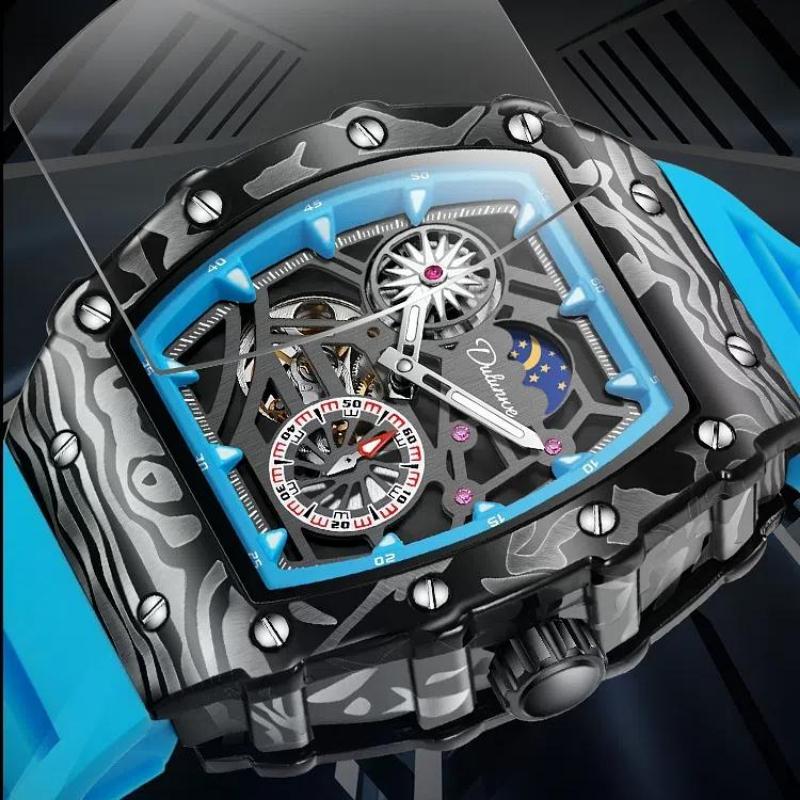 Dulunwe Модные спортивные часы Skeleton Flywheel для мужчин, автоматические механические часы, роскошные светящиеся наручные часы Tonneau с фазами Луны