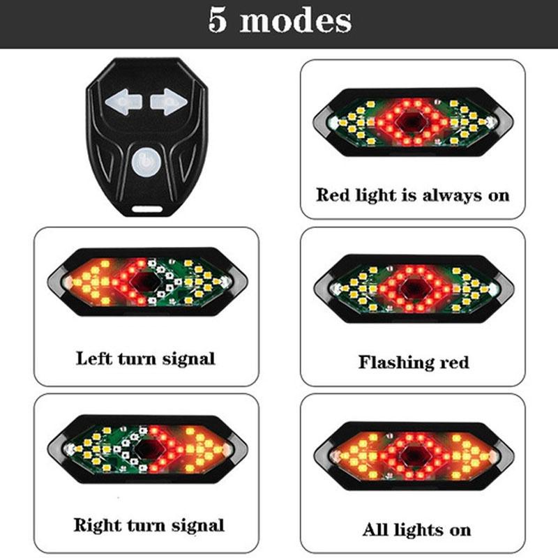 5 Modes USB Rechargeable LED Bike Turning Signal Taillight Waterproof Bicycle Remote Control Warning Lamp