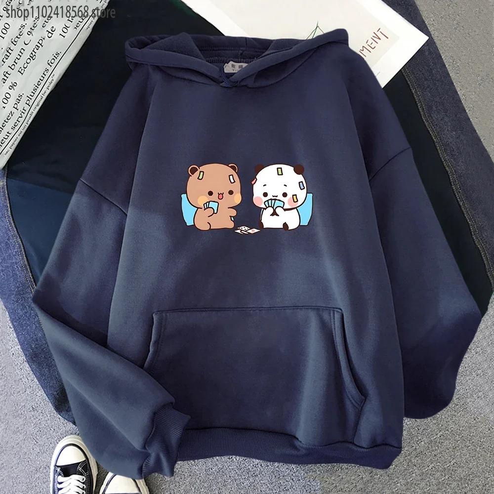 Милые Бубу и Дуду играют в покер с капюшоном и рисунком медведя панды, толстовка с длинным рукавом для женщин, кавайные топы