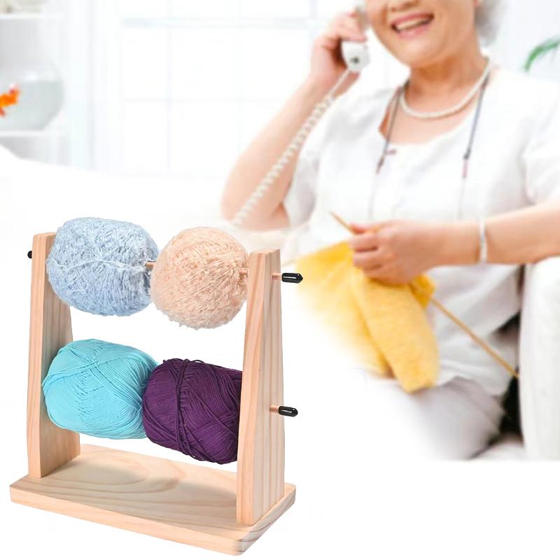 1PC Wooden DIY Craft Yarn Ball Stand Yarn Dispenser Solid Wood Dual Rotating Design for Crocheting Knitting Rotatable Yarn Holder
