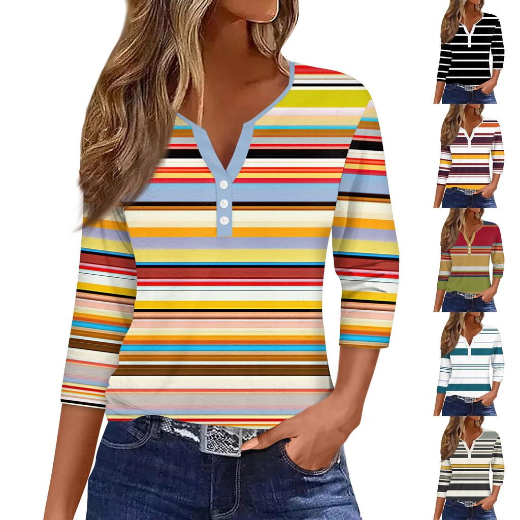 Women's Fashion Casual Striped Print V-Neck Decorative Button Three-quarter Sleeve T-Shirt Top