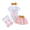 Baby Girl Easter Outfit Bunny Long Sleeve Romper Gold Dot Tulle Skirt Bow Headband Leg Warmers Spring Set