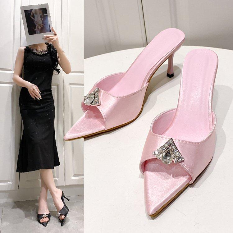 2025 лето новые остроносые босоножки на высоком каблуке со стразами и открытым носком, туфли на шпильке с одной педалью, цветные туфли на высоком каблуке, полуоблегающие женские