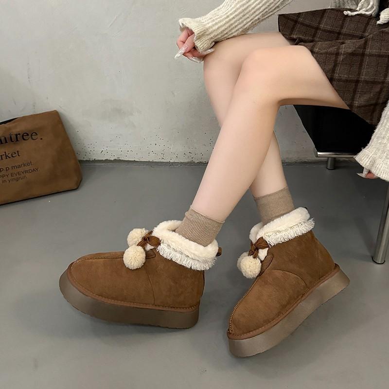 Cute Hairball Platform Snow Boots Women's Warm Plush Thickened Cotton Shoes Fluffy Short Boots