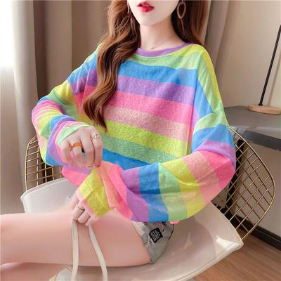 Женский пуловер с длинным рукавом в радужную полоску, солнцезащитный, на лето, легкий топ, оверсайз, сетчатый, универсальная рубашка для кондиционирования воздуха
