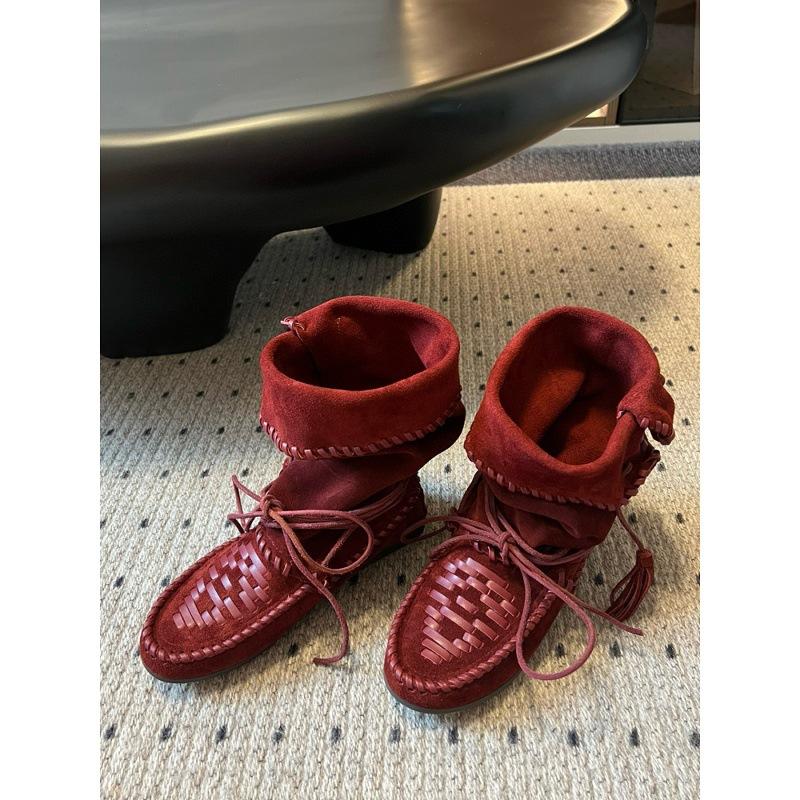 Женские ковбойские ботинки из коровьей кожи с внутренней платформой, ретро бахромой и ремешком, плетеные ботинки средней высоты, ботинки-мартин с оборками