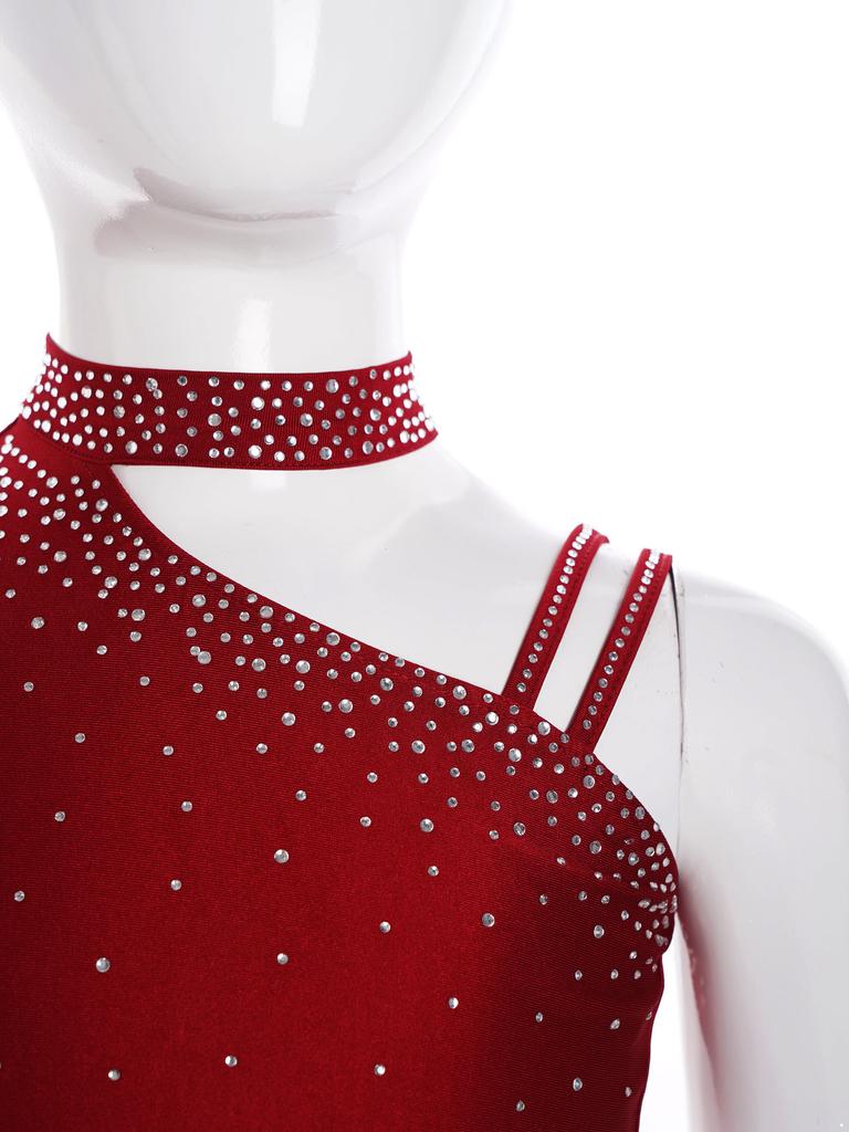 Girls Dance Set Sparkly Rhinestones Crop Top Irregular Shoulder High Low Elastic Waistband Chiffon Skirt