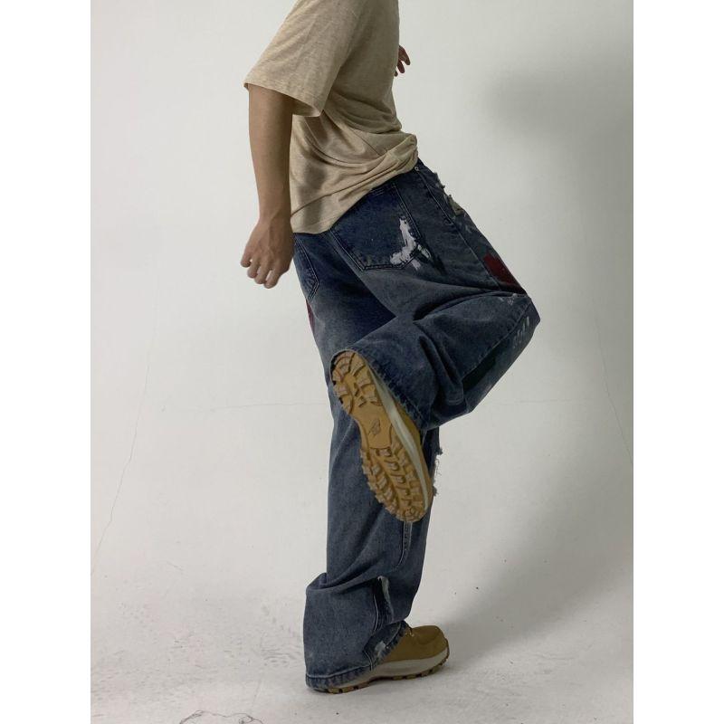 Европейские и американские уличные джинсы с чернильными пятнами для мужчин и женщин, нишевый дизайн, свободные широкие брюки для пар, повседневные универсальные брюки