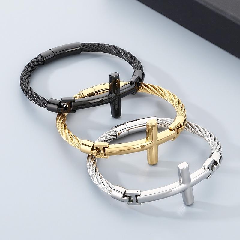 Chunky Stainless Steel Wire Chain Bangle Men's Personalized Classic Cross Bracelet Jewelry Gothic Vintage Black Accessory