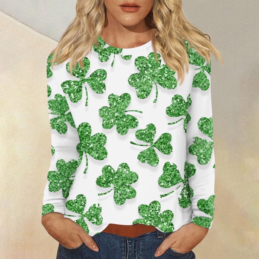 Женская повседневная повседневная рубашка с длинным рукавом. Топ с круглым вырезом и принтом ко Дню Святого Патрика