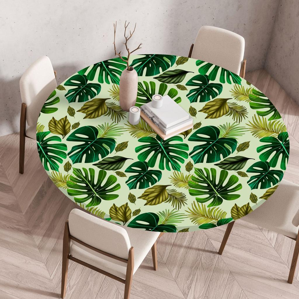 Waterproof Oil Proof Round Plastic Tablecloth With Elastic Edge Botanical Print Table Cover 60 To 140cm