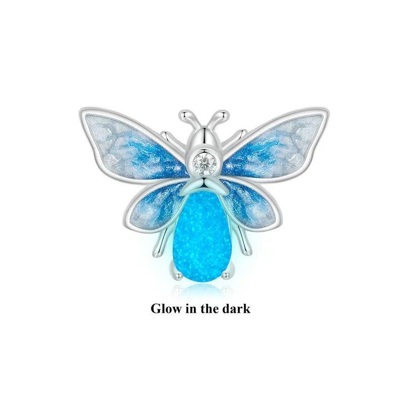 Bamoer 925 Sterling Silver Luminous Butterfly Beads Rainbow Enamel Insect Pendant Charms for Women Bracelet DIY Accessories