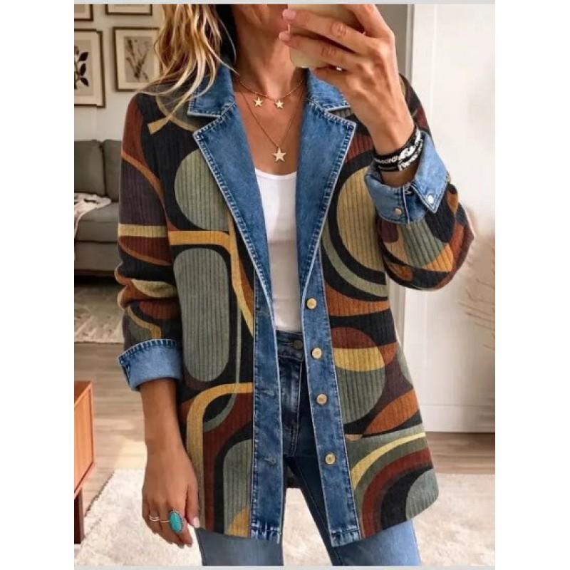 Womens Leopard Print Denim Jacket Long Sleeve Loose Fit Casual Open Front Shirt Collar Streetwear Coat