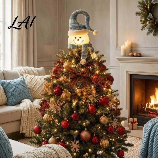 Christmas Tree Finial Lighted Topper Glowing Snowman Star Hat with LED Light Top Decoration Winter Holiday Decor for Home And Indoor Soft Warm Light