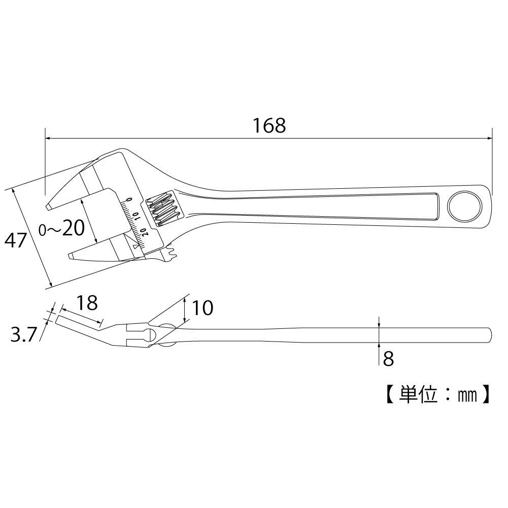 TOP HT-150B Thin-Jaw Adjustable Wrench, 20-Degree Bent Head, 0-20mm Opening, 3.7mm Tip