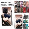 Handmade PU Leather Flip Case for Xiaomi 13T / 13T Pro Anti-Slip Shockproof Cover with Wrist Strap & Heart/Rose Cat Designs