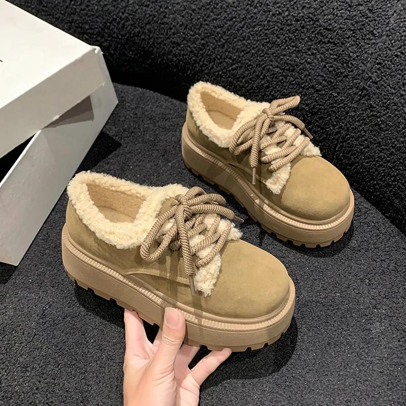 Women's Shoes Snow Boots Casual Shoes 2024 Solid Color Winter New Women's Boots Plush Warm Thick Sole Lace-up Cotton Shoes