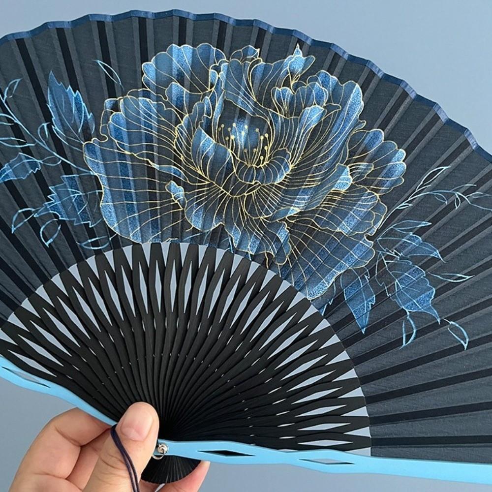 Bamboo Frame Folding Hand Fan Peony Flower Dance Fan Gentle Design Retro Handheld Fan Gift Giving
