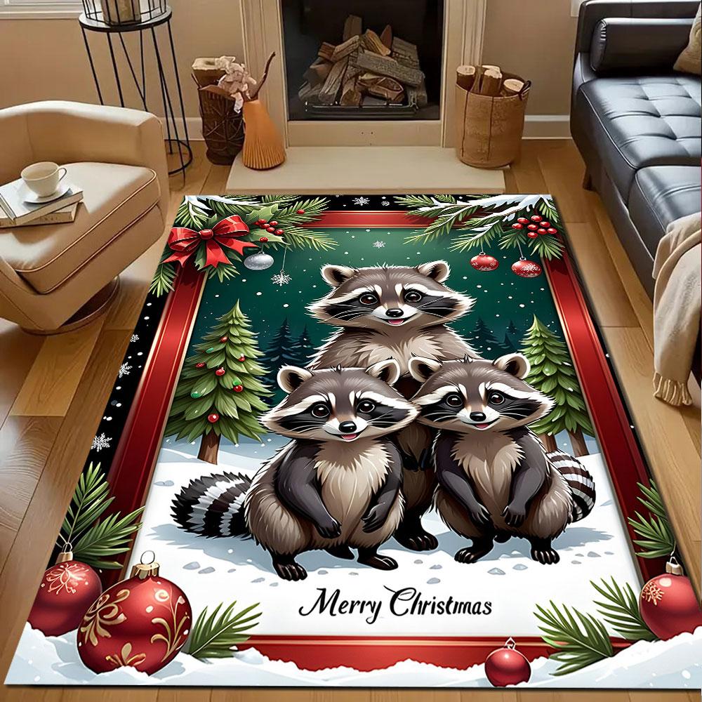 Christmas Raccoon Family Scene Patterned carpet, non slip mat suitable for living room and bedroom sofas
