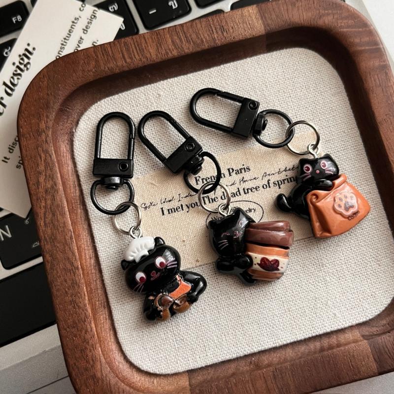 6Pcs Lovely Chocolate Coffee Bag Charm Pendant Couples Backpack Purse Decoration Cartoon Black Cat Keychain For Women Gift