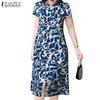 Women Print Slit Side Zipper Decorative Buttons Dresses