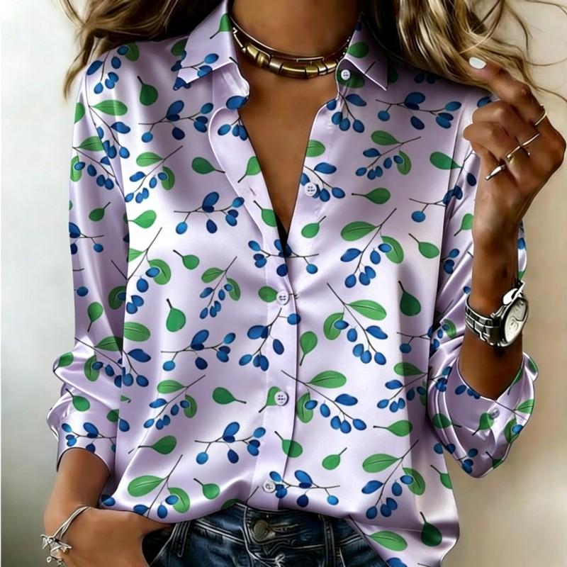 Women Satin Camouflage Print Shirt Long Sleeve Lapel Button-Down Blouse Stylish Office Casual Ladies Multi-Color Top