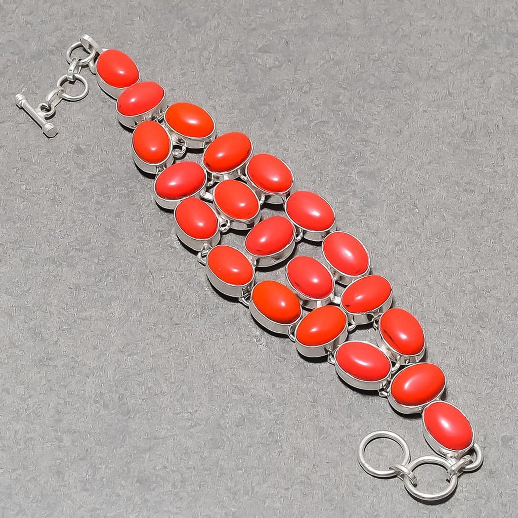 Red Coral Oval Shape Gemstone Bracelet Gift Adjustable Link Handmade Jewelry 9"