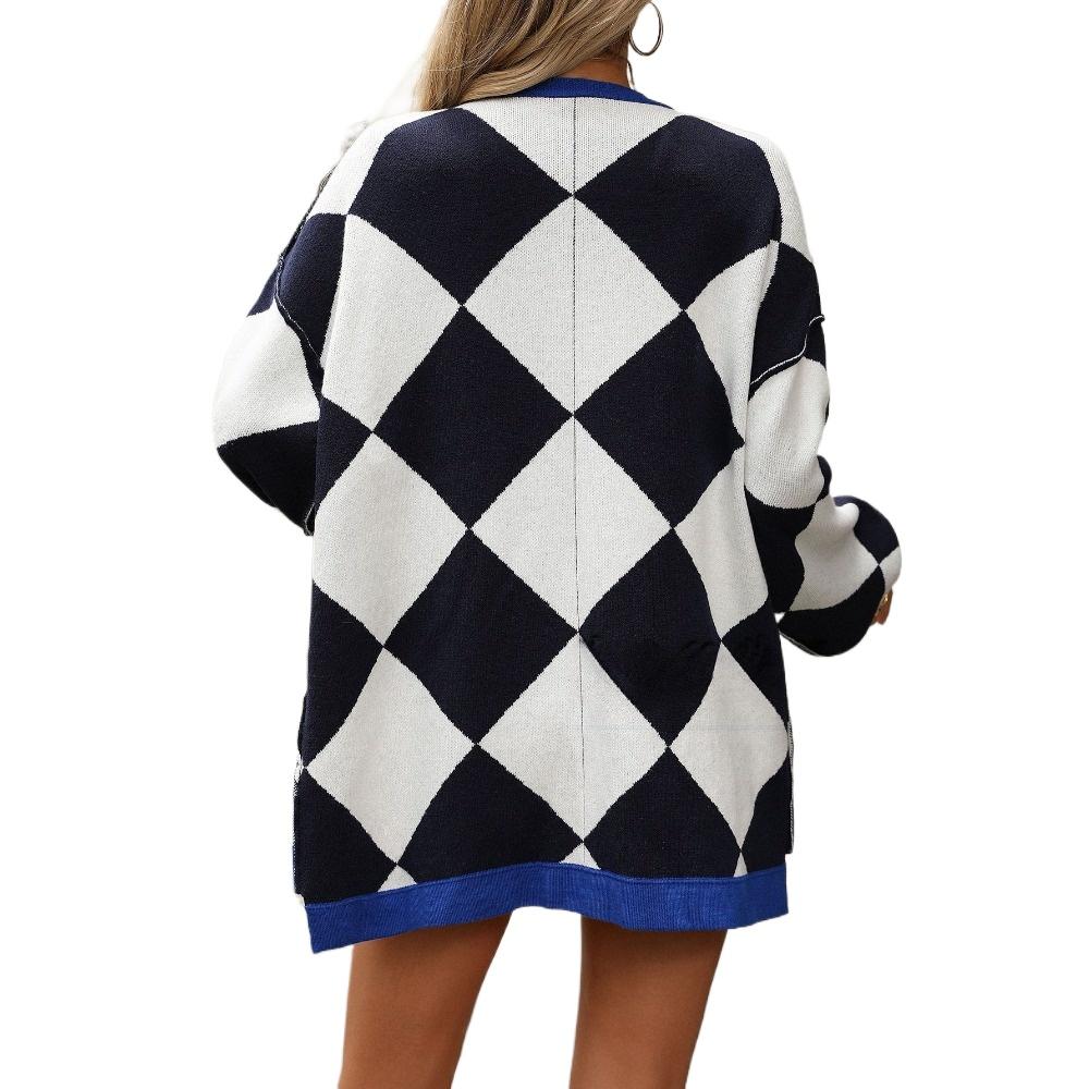 IHUASU Женский осенне-зимний кардиган с V-образным вырезом и ромбовидной решеткой, свободная вязка, куртка, джемпер