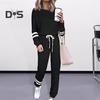 2 Pcs/Set Women Top Pants Suit Round Neck Long Sleeves Striped Solid Color Sweatshirt Drawstring Elastic Waist Trousers Daily Wear Sport Outfit Fall