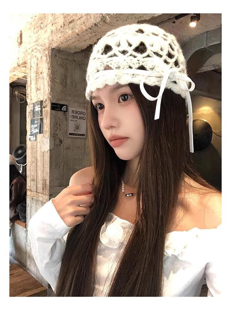 Женская дышащая вязаная крючком ажурная шапочка в корейском стиле - летняя, тонкая и универсальная