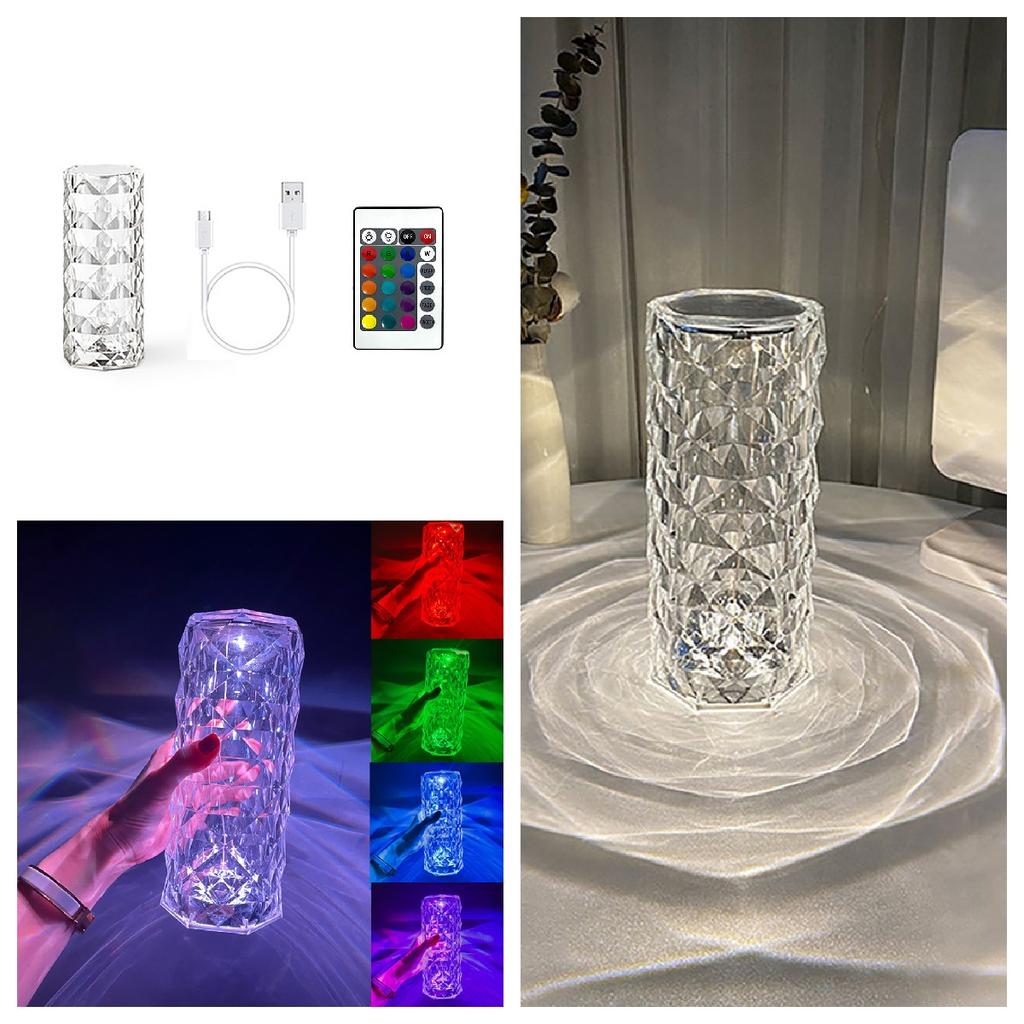 Rechargeable LED RGB Rose Diamond Crystal Table Lamp Night Light Remote Control