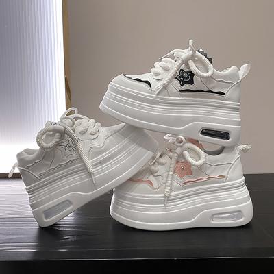 Модные туфли на высокой платформе 8 см Женские Новинка 2025 Осень Массивные кроссовки Дизайнерская Толстая подошва Кожаная Спортивная обувь Дышащие кроссовки Женские