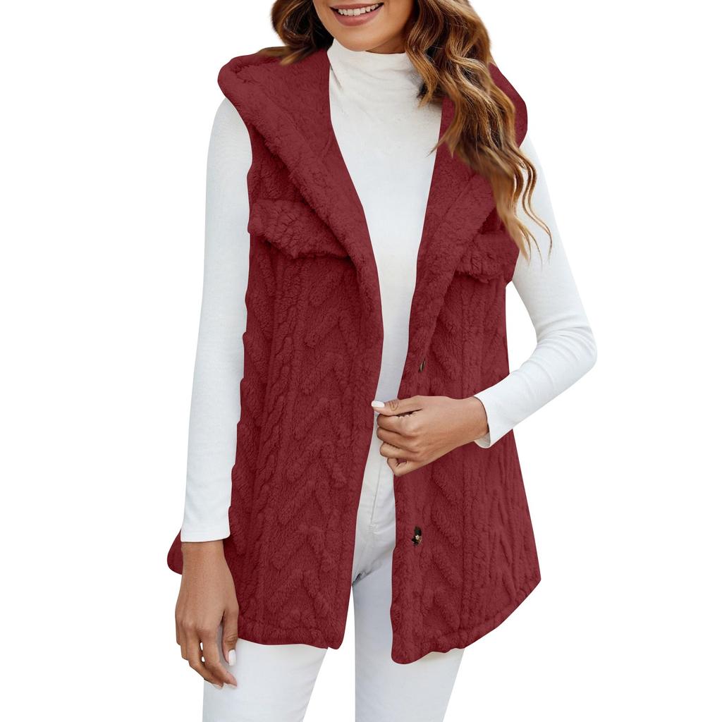 Women's Fashion Winter Plush Hooded Cardigan Mid-length Coat Vest