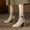 Мода 2025 Новые Осенние Женские Ботинки Круглый Носок Массивный Каблук Коровья Замша Кожа Женская Обувь Короткие Современные Ботинки Повседневная Обувь Ботинки на Платформе