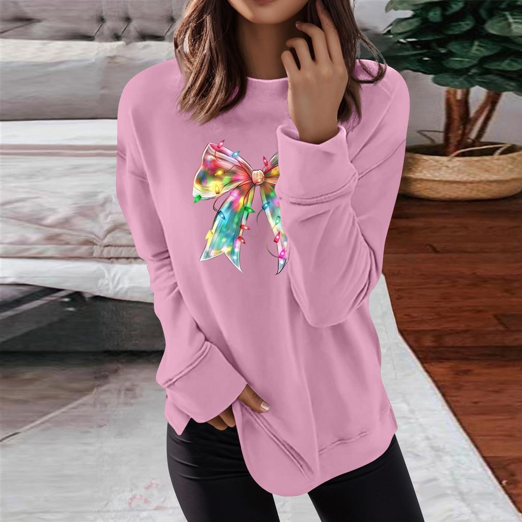 Women's Fashion Casual Christmas Bow Printed Round Neck Top