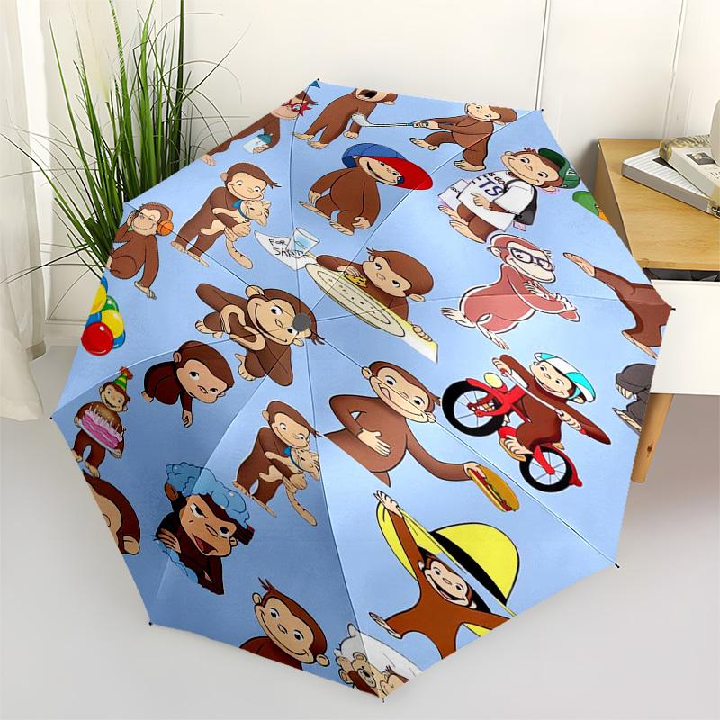 Curious George, monkey activities Themed Automatic Opening and Closing Umbrella, Compact Travel Umbrella, Lightweight and Portable, Suitable