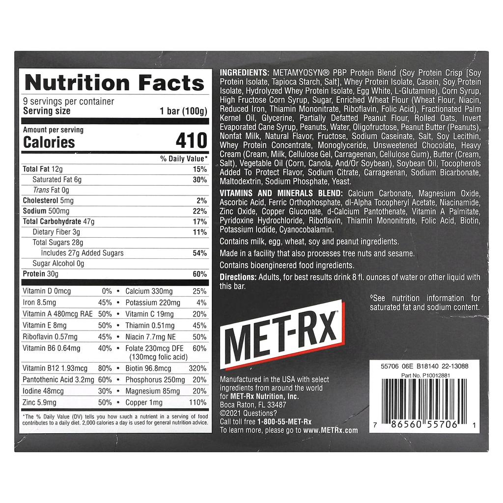 Met-Rx, Big 100, Meal Replacement Bars, Peanut Butter Pretzels, 9 Count, 100G (3.52 Oz) Each
