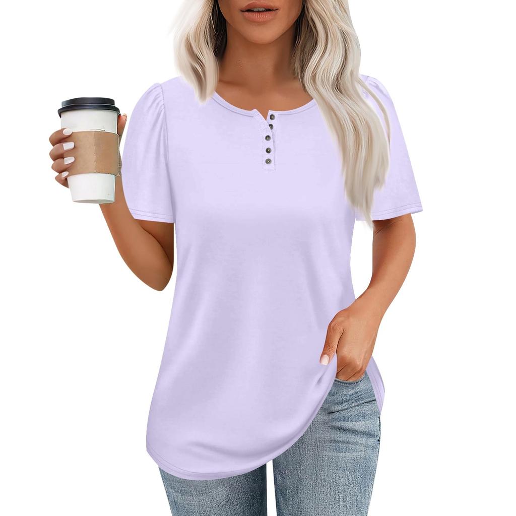 Women's Fashionable Casual Short Sleeve Button Print Round Neck Pullover Top
