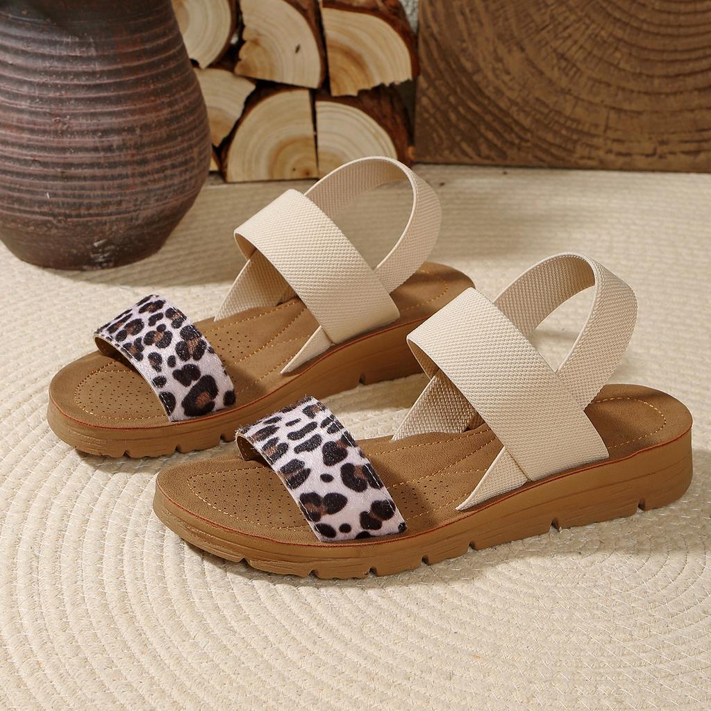 2025 summer new fish mouth leopard print flat bottom one pedal elastic band light and comfortable casual fashion sandals women's batch
