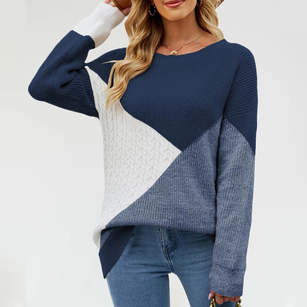 Персонализированный круглый вырез цветной блок женский вязаный свитер свободный пуловер большого размера свитер для женщин