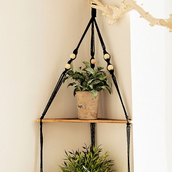 Полка в богемном стиле, хлопковая веревка ручной работы, 2 яруса, круглые бусины, деревенский домашний декор, треугольное хранилище
