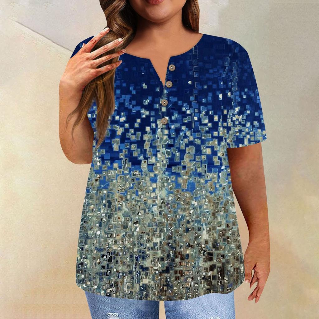 Women's Short Sleeve Shirt Button Plus Size T-Shirt Flower Printed Casual Tops