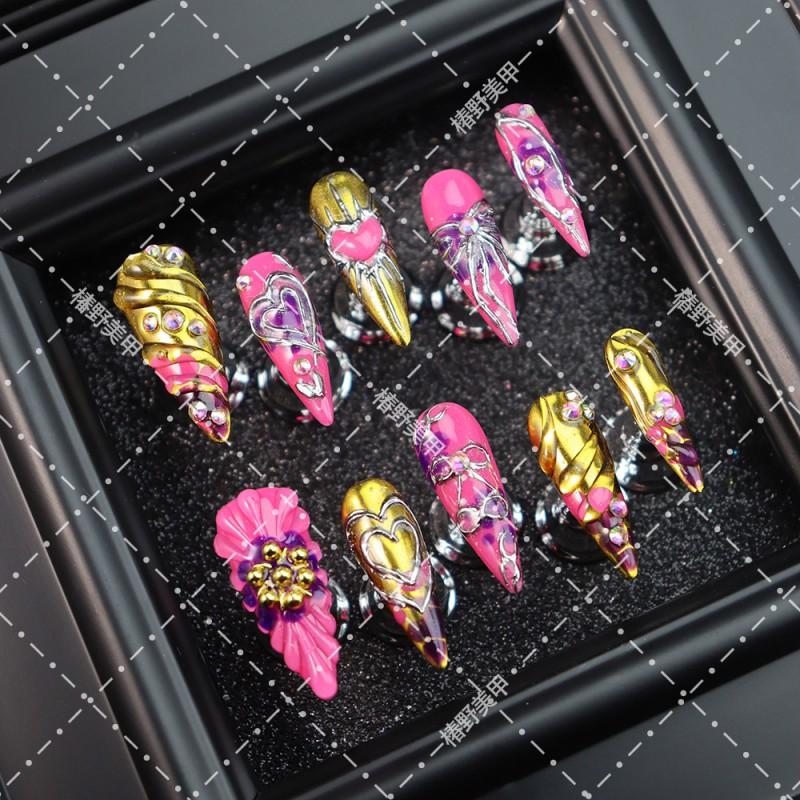 Y2K Pink Gold Press-On Nails With 3D Heart Rhinestone Metallic Line Design Women - Sweet Edgy Style Long Stiletto Shape