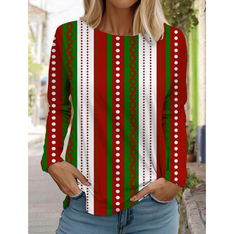 Женская футболка с длинным рукавом и рождественским принтом оленей, спортивный повседневный милый полиэстер с круглым вырезом и длинным рукавом