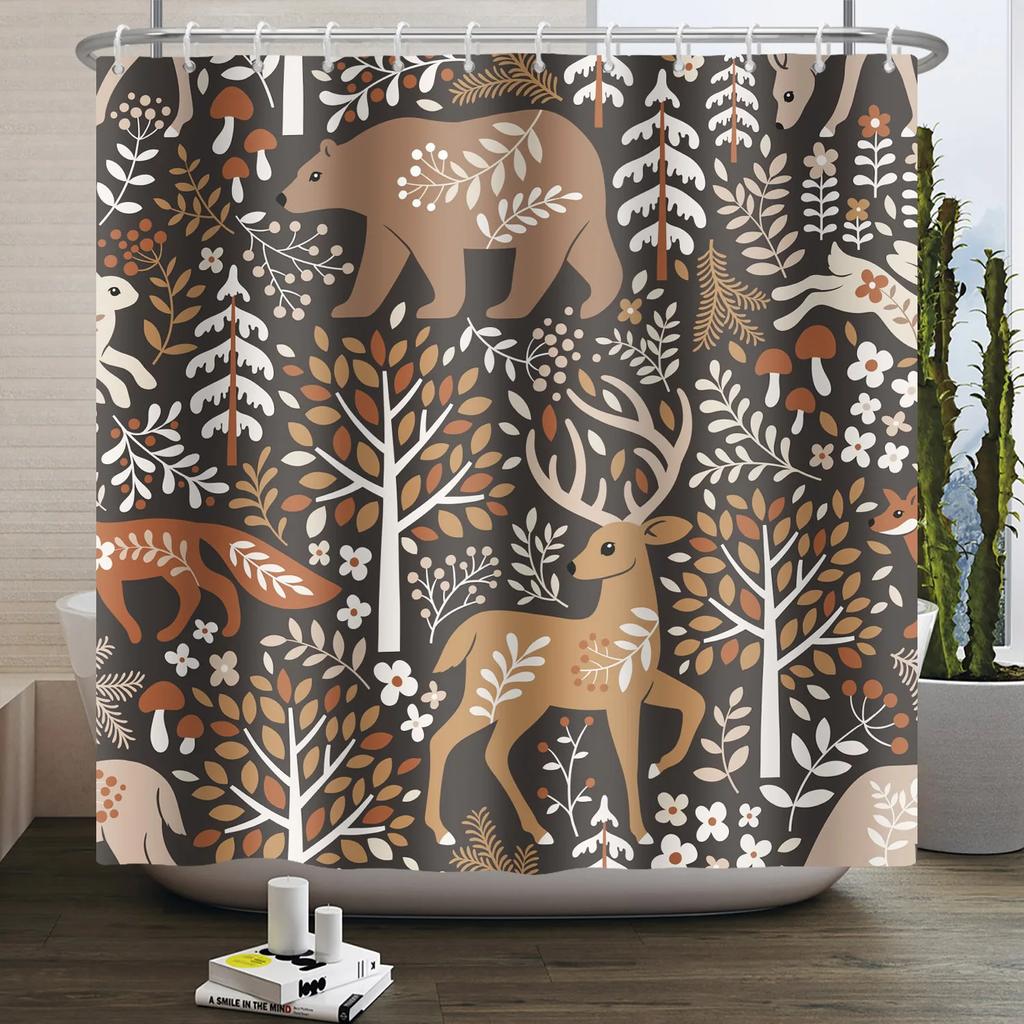 Autumn Forest Maple Shower Curtain Natural Jungle Leaves Pumpkin Fall Bathroom Shower Curtain Waterproof Shower Curtain Decor