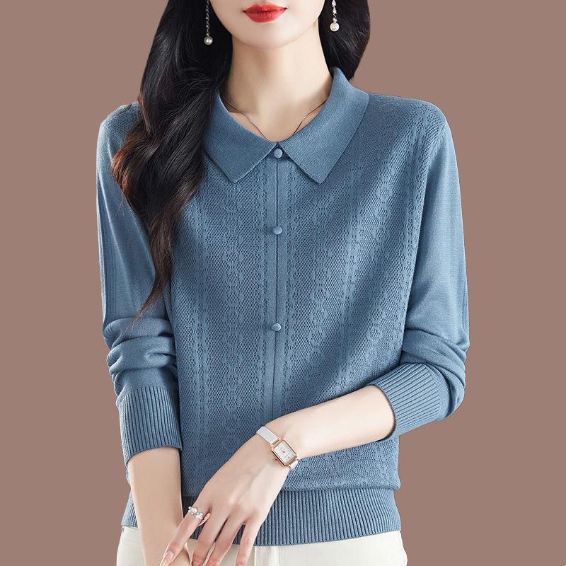 Женская рубашка с длинным рукавом, свободная, осенняя одежда, тонкий топ, вязаная рубашка с отложным воротником