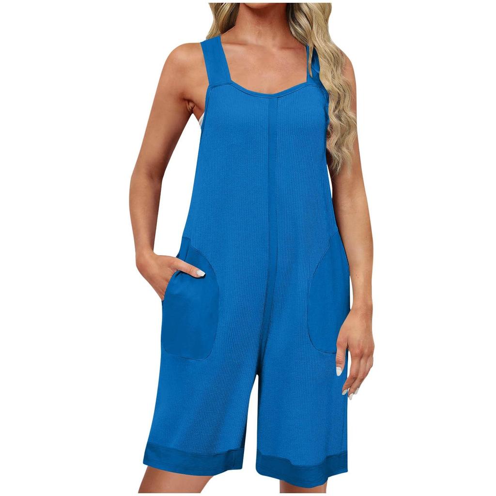 Womens  Capris Jumpsuits Casual Summer Square Neck Sleeveless Loose Wide Leg Pants Rompers With Pockets