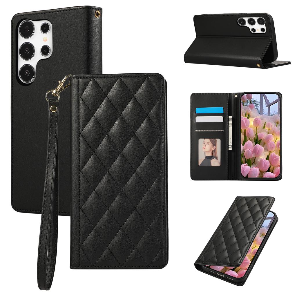Чехол-кошелек с блокировкой RFID и подставкой для Samsung Galaxy S25 Ultra, ромбовидная кожаная крышка для телефона с ремешком на запястье