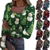 Женская модная футболка с тонким низом, рождественский принт, пуловер с U-образным вырезом и длинными рукавами