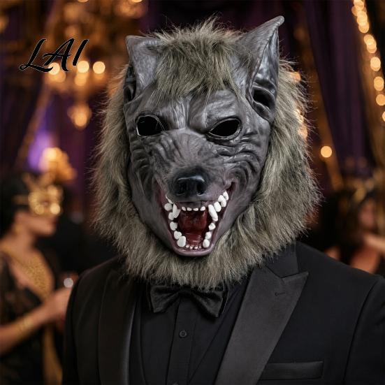 Adult Size Latex Mask Halloween Werewolf Full Head Mask Wolf Cosplay Headgear with Scary Party Headwear Realistic Fur Haunted House Prop Adjustable